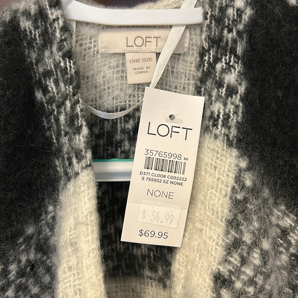 BNWT LOFT Black and White Plaid Fringe Poncho-OS - Picture 3 of 4